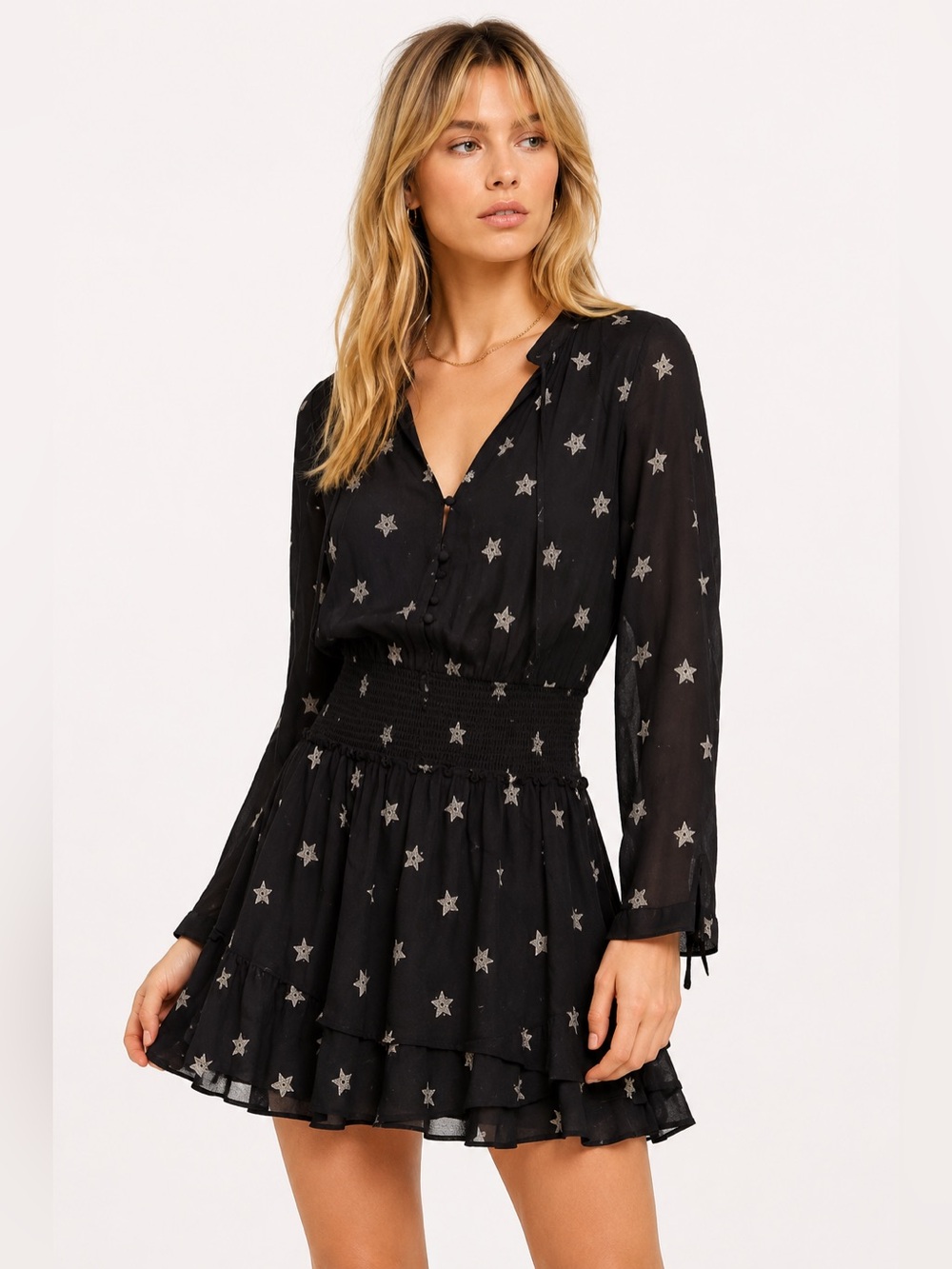 Rails Jasmine Star Print Smocked Waist Black Mini Dress M